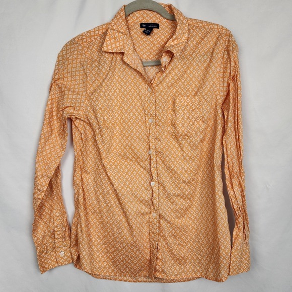 Gap Women's Casual Button Down Shirt Sz Medium Orange White Floral Boyfriend Fit - Picture 1 of 5